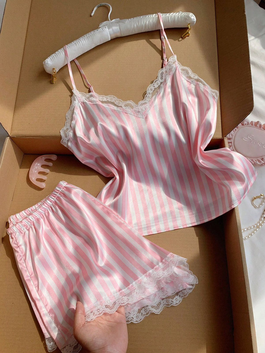 Pinky Satin Stripes Two Piece Set