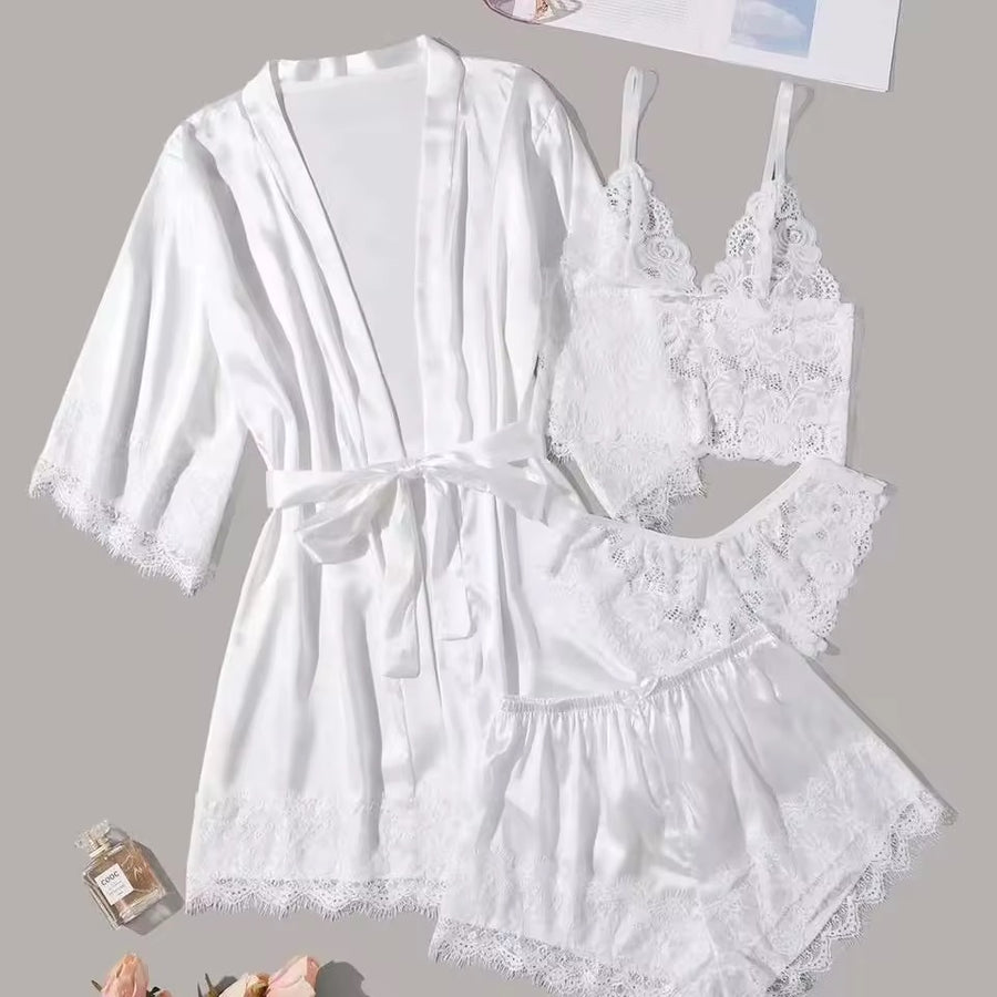 Set Baju Tidur Satin Putih Murni 4 Potong + Jubah